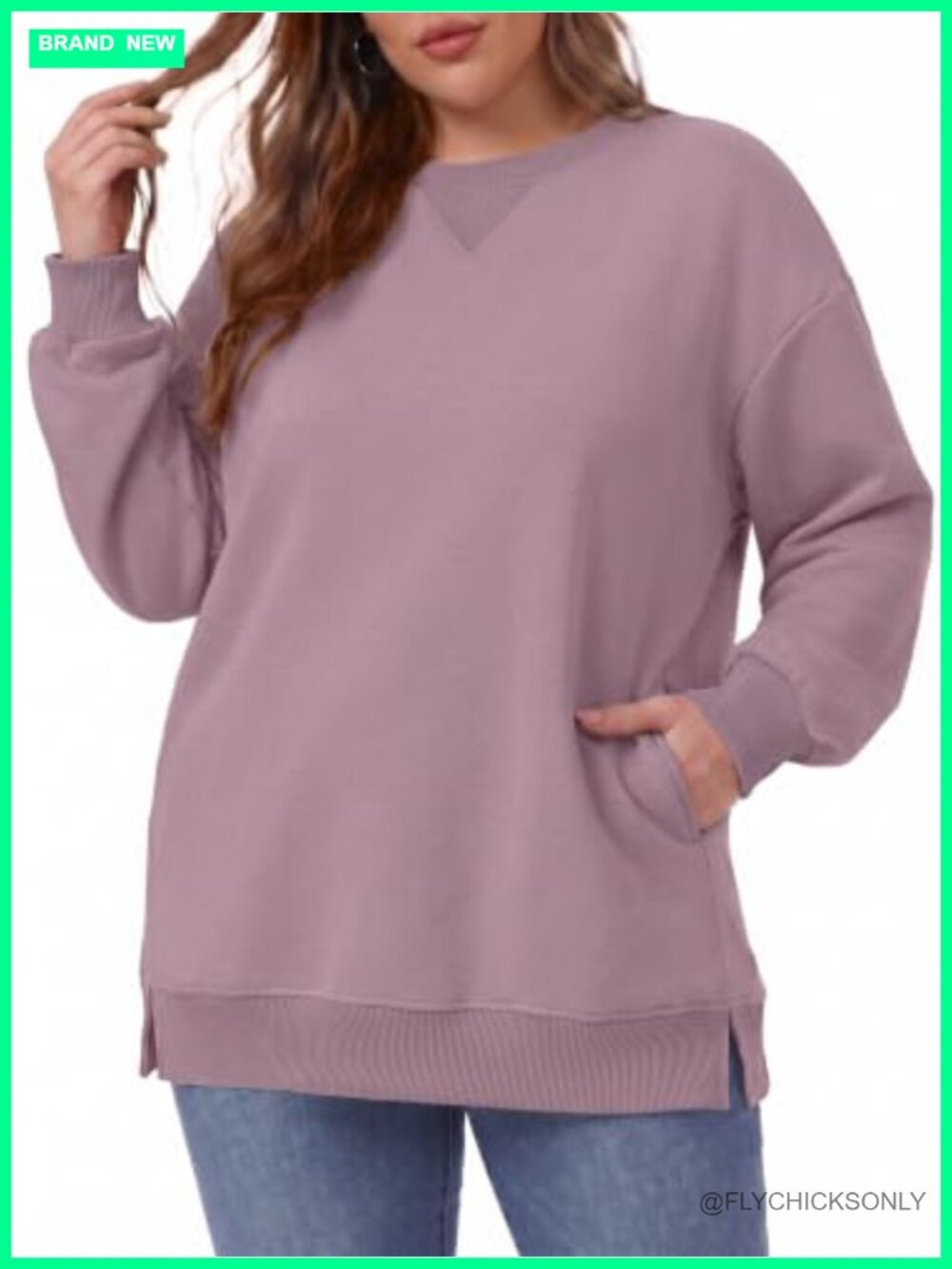 Plus Size Oversized Crew Neck Sweatshirt Tunic Length Side Slits Pockets